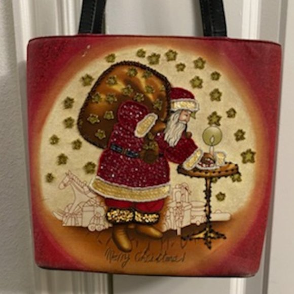 RED Bucket SANTA CLAUS (Father Christmas) BUCKET PURSE * Sequins & Bugle Beads - Picture 2 of 9